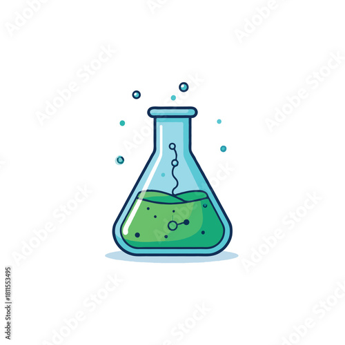An Erlenmeyer flask filled with a vibrant green fluid represents scientific inquiry and discovery