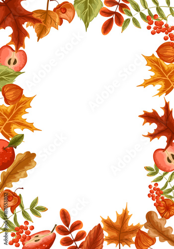 Autumn leaves and apples frame with rowan berries, physalis on white background. Vector hand drawn illustration for greeting cards, posters, packaging design, thanksgiving cards with empty copy space