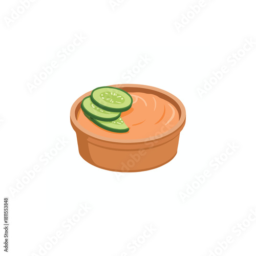 Artistic depiction of dip with sliced cucumber garnish in brown ceramic bowl presents culinary treat