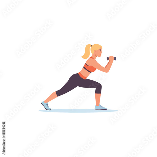 Athletic woman in sportswear performing lunges while holding dumbbells and engaged in exercise for