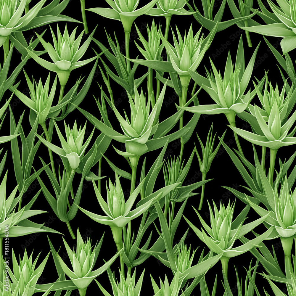Fototapeta premium Seamless pattern with green aloe leaves in botanical decorative style on dark background for textile, wallpaper and fabric design - AI generated