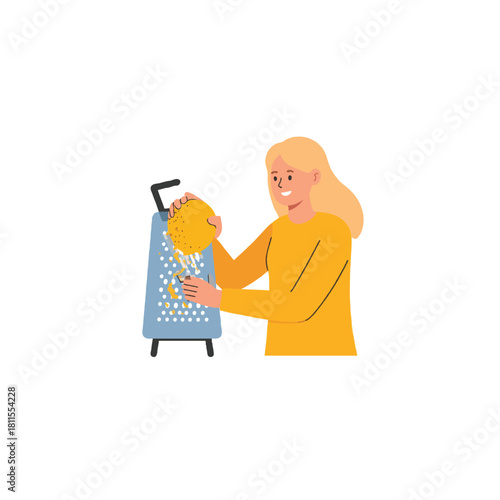 Blond haired woman using grater in kitchen preparing food with light background and soft color