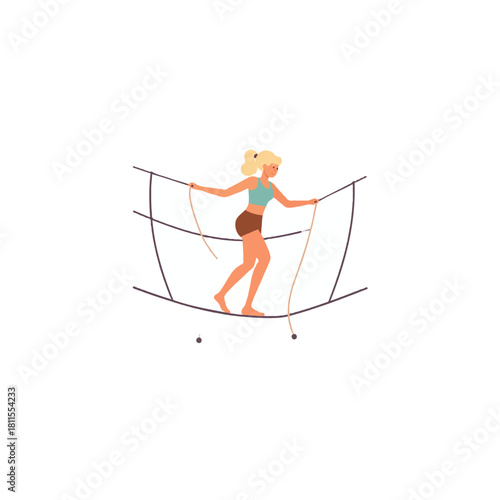 Blond woman balancing delicately on a rope bridge in a whimsical playground illustration with a