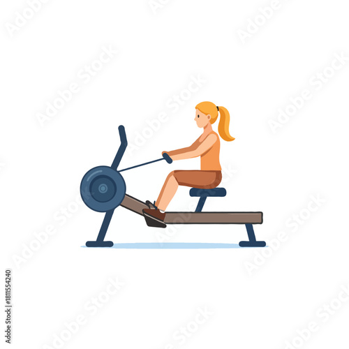 Blond haired woman exercising using a blue rowing machine indoor fitness exercise vector