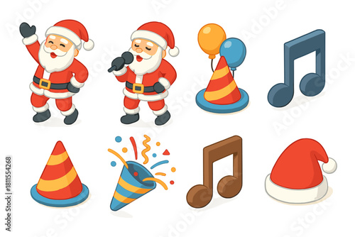 Festive santa characters and party icons with balloons and music notes