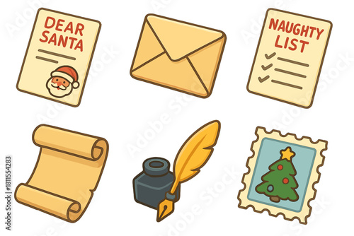 Festive christmas icons: santa letter, naughty list, envelope, scroll, ink, stamp