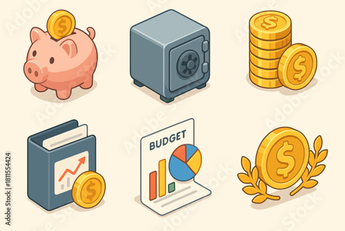 Cartoon piggy bank safe coins budget chart money icons set
