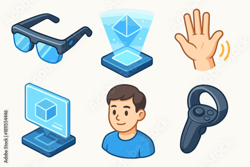 Augmented reality icons with asian male teen and virtual reality gadgets