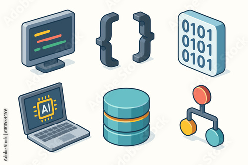 Digital technology icons: computer, coding brackets, binary, ai laptop, database, flowchart