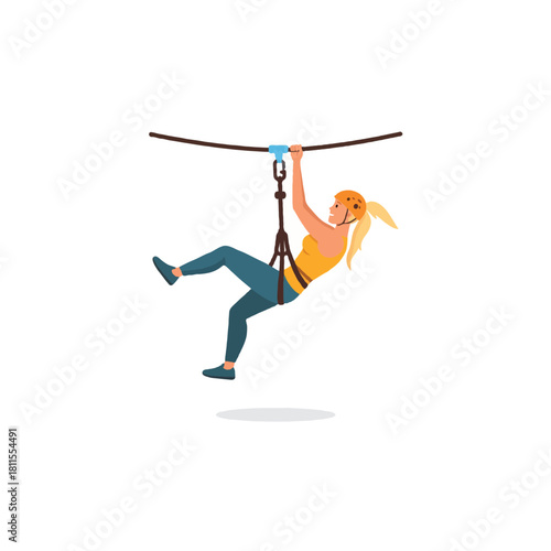 Brave woman conquers heights through adventurous ziplining course, enjoying exhilarating outdoor