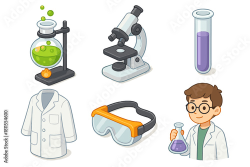 Cartoon science lab elements with young male scientist in lab coat and goggles holding flask