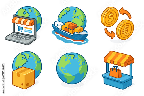 E-commerce global logistics icons featuring shopping cart, shipping, currency exchange, and marketplace