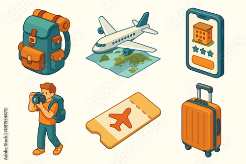 Travel essentials icons: backpack, airplane, mobile booking, camera, ticket, suitcase