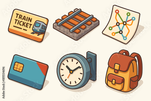Train travel essentials icons: ticket, rail, map, card, clock, backpack