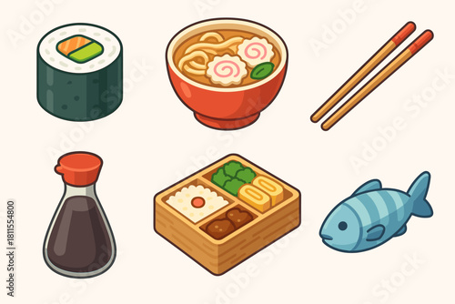 Traditional japanese cuisine icons: sushi, ramen, bento, soy sauce, chopsticks, fish