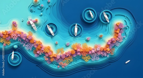 Fototapeta Naklejka Na Ścianę i Meble -  Abstract paper cut ocean scene with tropical coral reef and boats. Layered art illustration of marine life and exotic travel.