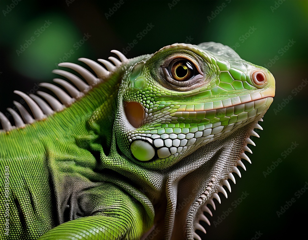 Obraz premium Green Iguana Close-Up: Detailed Portrait of a Reptilian Beauty with Intricate Scales and Sharp Spikes Against a Dark Background