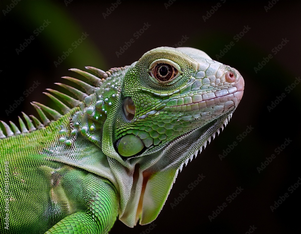 Fototapeta premium Green Iguana Portrait: Majestic Reptile with Intricate Scales, Spikes, and Captivating Eyes Amidst a Dark Background
