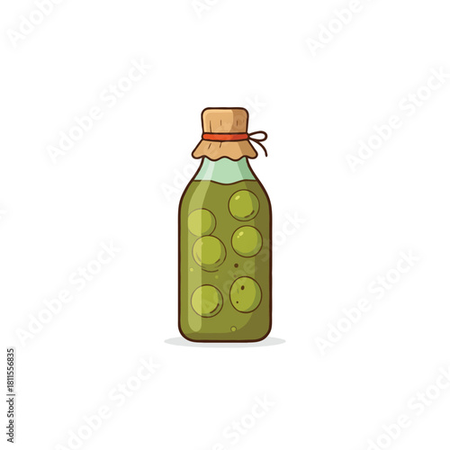 Captivating cartoon style illustration showcases a vintage jar containing pickled green fruits a