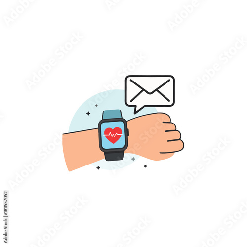 Cartoon hand displaying smartwatch with heart symbol and mail notification health well being