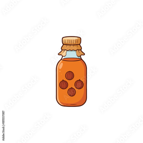 Cartoon illustration displaying an orange bottle filled with liquid and decorated with three