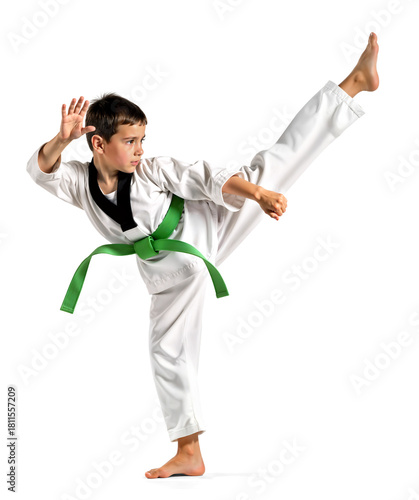 Young boy in green belt showing a high kick on isolated background