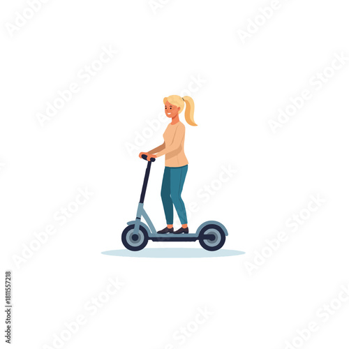 Cartoon woman riding an electric scooter depicts active lifestyle and sustainable urban