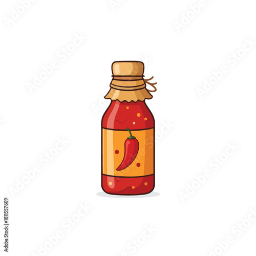 Chili condiment illustration a vibrant red sauce jar with a fiery pepper label offering a