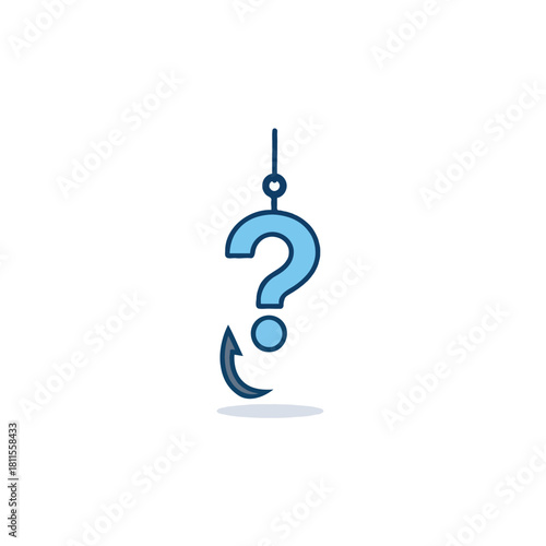 Conceptual illustration of a question mark dangling from a fishing hook symbolizing uncertainty or