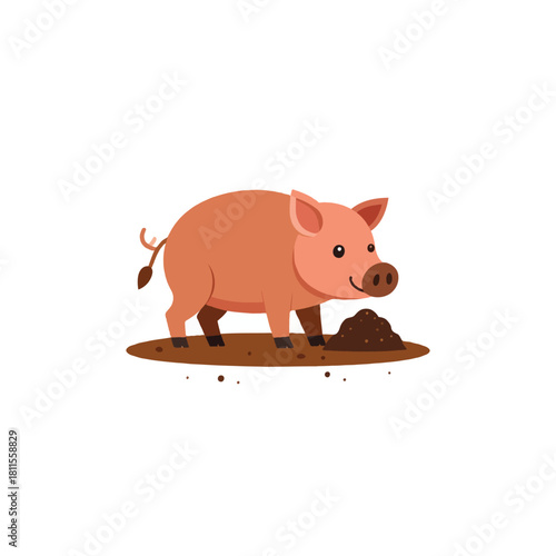 Cute cartoon piglet digging in the dirt on a bright sunny day in the countryside illustration