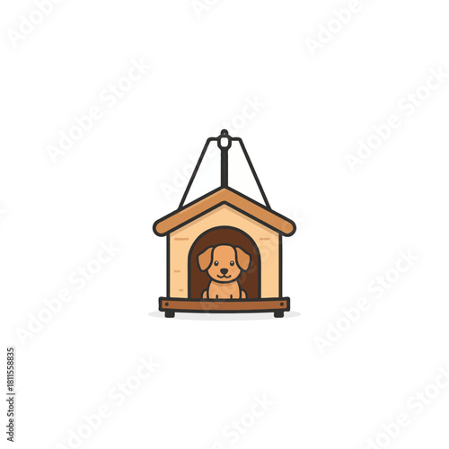 Cute dog illustration residing happily inside a cozy wooden kennel, a simple and endearing