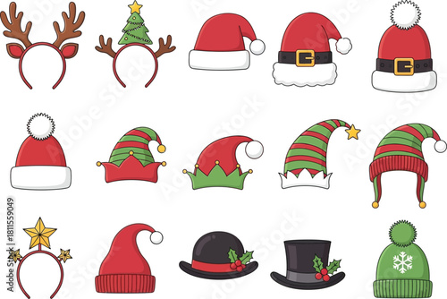 Collection of christmas hats isolated on white background vector illustration