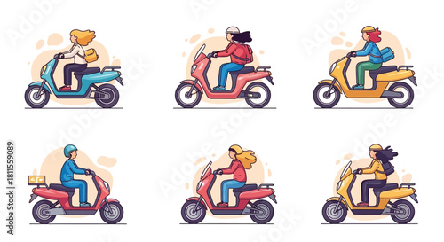 Colorful illustration of diverse people riding scooters with delivery boxes