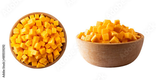 Pieces of butternut squash isolated on a white. Cubed pumpkin in a bowl.