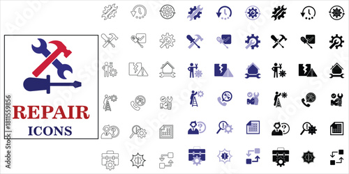 repair icons set. broken, reparation, fixing, maintenance, restore, toolbox, tools and more. simple complette vector