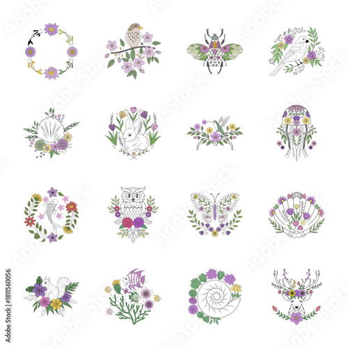 Pack of 16 Blooming Nature Vintage Style Illustrations  


