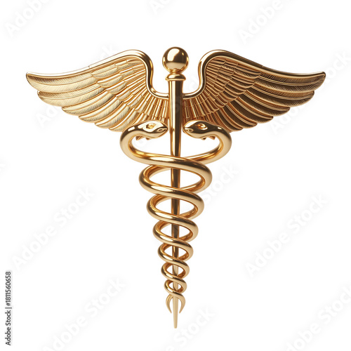 Golden caduceus medical symbol isolated on transparent background