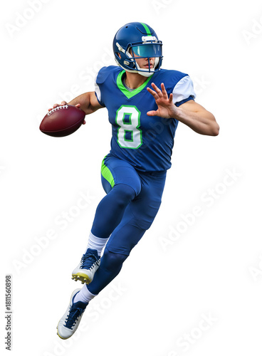 Focused American football athlete in blue running straight ahead with ball