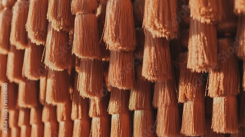 Warm earthy tassels hanging in a row create a bohemian vibe, ideal for home decor, textiles, and creative design projects, adding a touch of soft texture