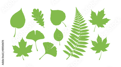 a group of separate green leaf icons against a white background