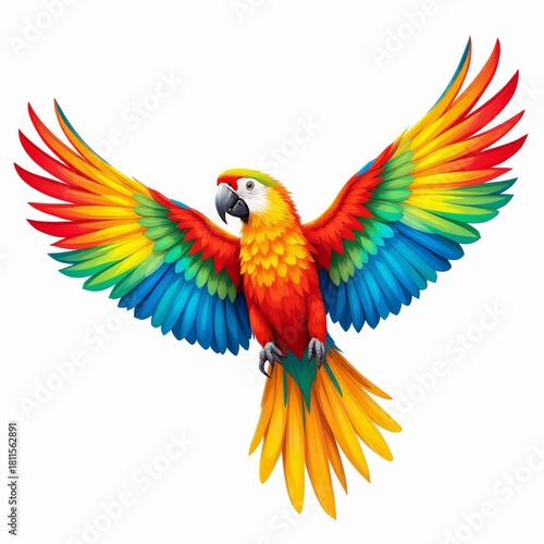 Wallpaper Mural Vibrant macaw parrot in full flight with outstretched wings showcasing its colorful plumage against a clean illustration on white background Torontodigital.ca