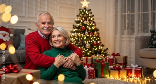 Senior couple celebrating Christmas at home. Happy mature man and woman hugging in a festive living room with a decorated tree and presents