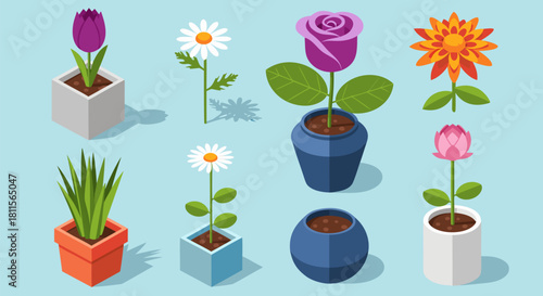 A beautiful collection of isometric potted flowers illustration. Set of colorful garden plants including rose, tulip, and daisy in various pots vector design 2.eps