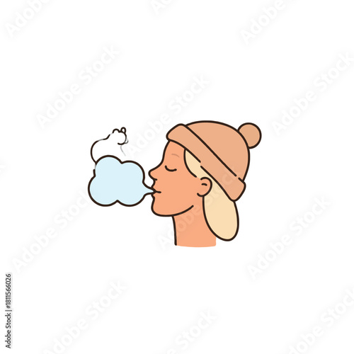 Depiction of cold air expulsion from a person wearing winter clothing on a chilly day