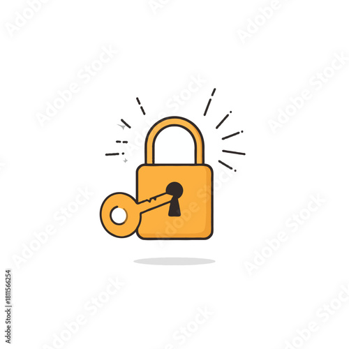 Digital illustration of golden padlock being unlocked security concept with golden key data