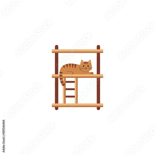 Domestic tabby cat lounging on a modern wooden cat tree structure indoors providing comfort to