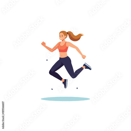 Dynamic sporty woman jumping in air athletic female enjoying a fitness running workout on a sunny