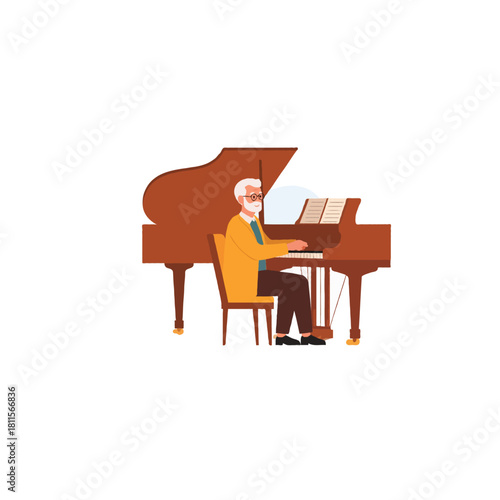 Elderly gentleman gracefully playing an antique grand piano indoor musical expression in detailed
