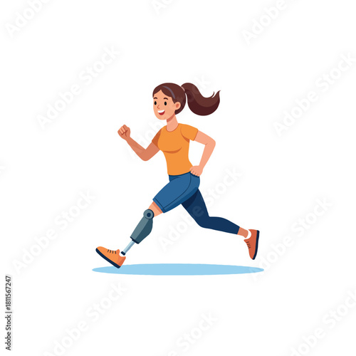 Empowered athletic woman with prosthetic leg showcasing strength and determination through running