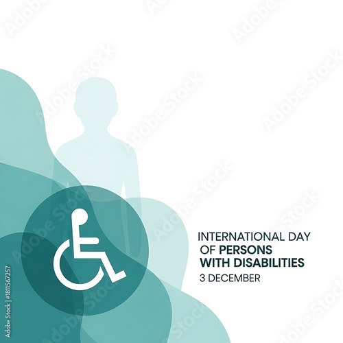 International day of persons with disabilities awareness graphic with accessibility symbol and soft blue green abstract shapes